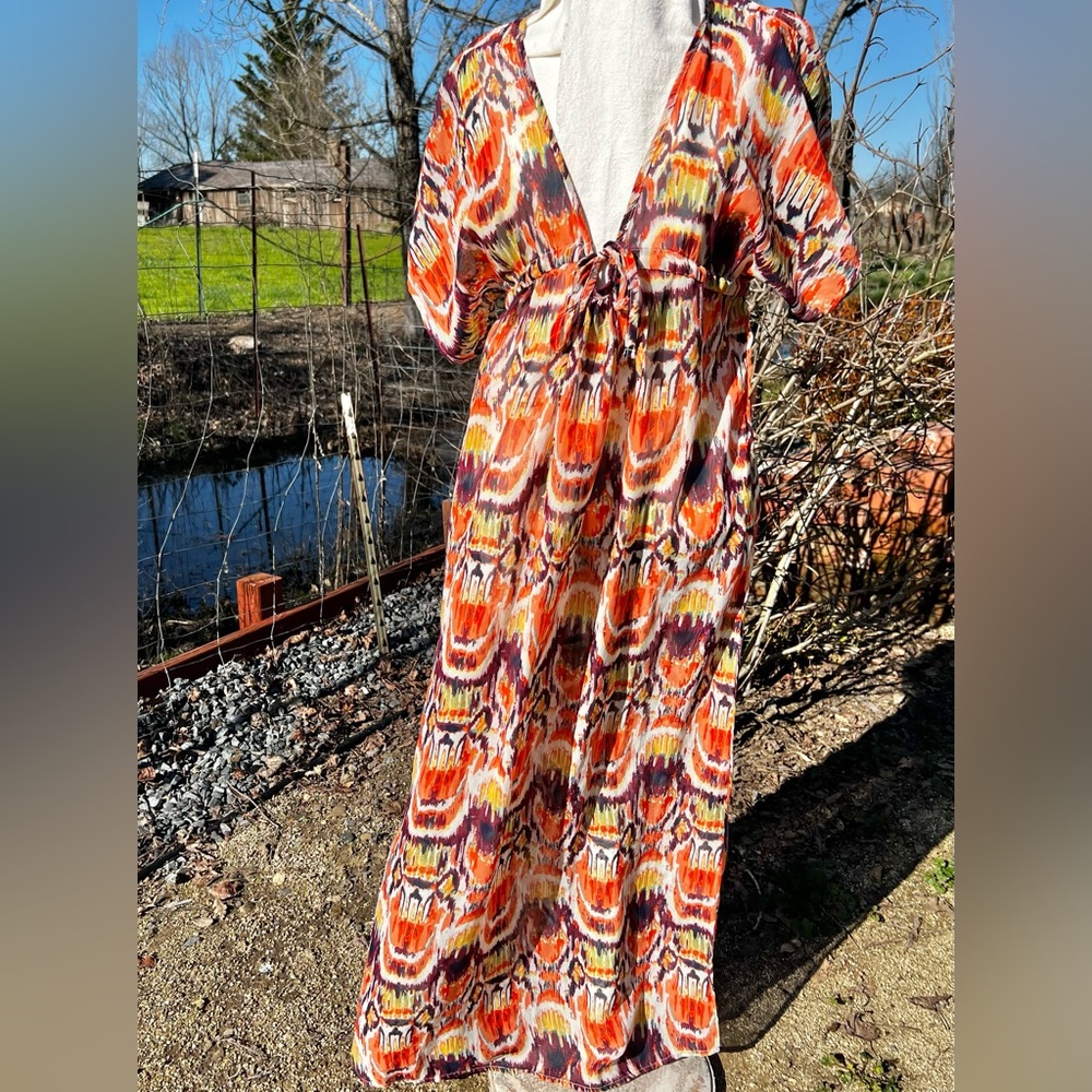 J.Valdi NEW! Maxi Dress Ikat Print BOHO!Loungewear /Pool Swim /Coverup Sz M